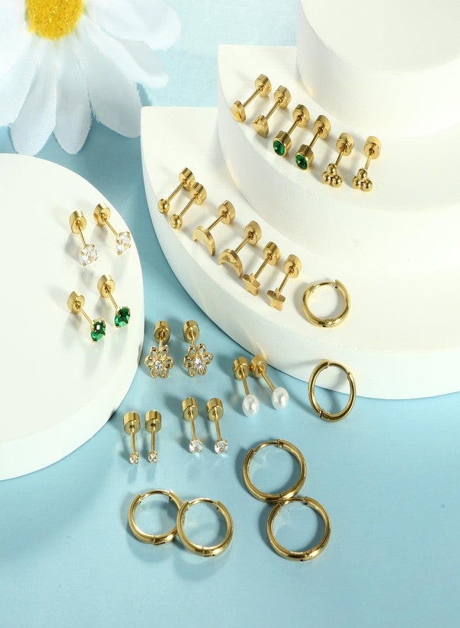 Suotarn أقراط صغيرة مضادة للحساسية من الذهب عيار 14 قيراطًا، ذات ظهر مسطح، مناسبة للنساء والرجال، مصنوعة من الفولاذ الجراحي، بتصميم أنيق وصغير الحجم، حلقية مسطحة الظهر، أقراط غضروفية، لون أخضر زمردي، ظهر لولبي، مناسبة لثقب شحمة الأذن أو الحلزون، مقاس 20G - Image 5